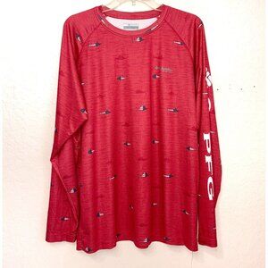 Columbia PFG Pullover Shirt‎ Mens Large Red Fish Graphic Long Sleeve Flag
